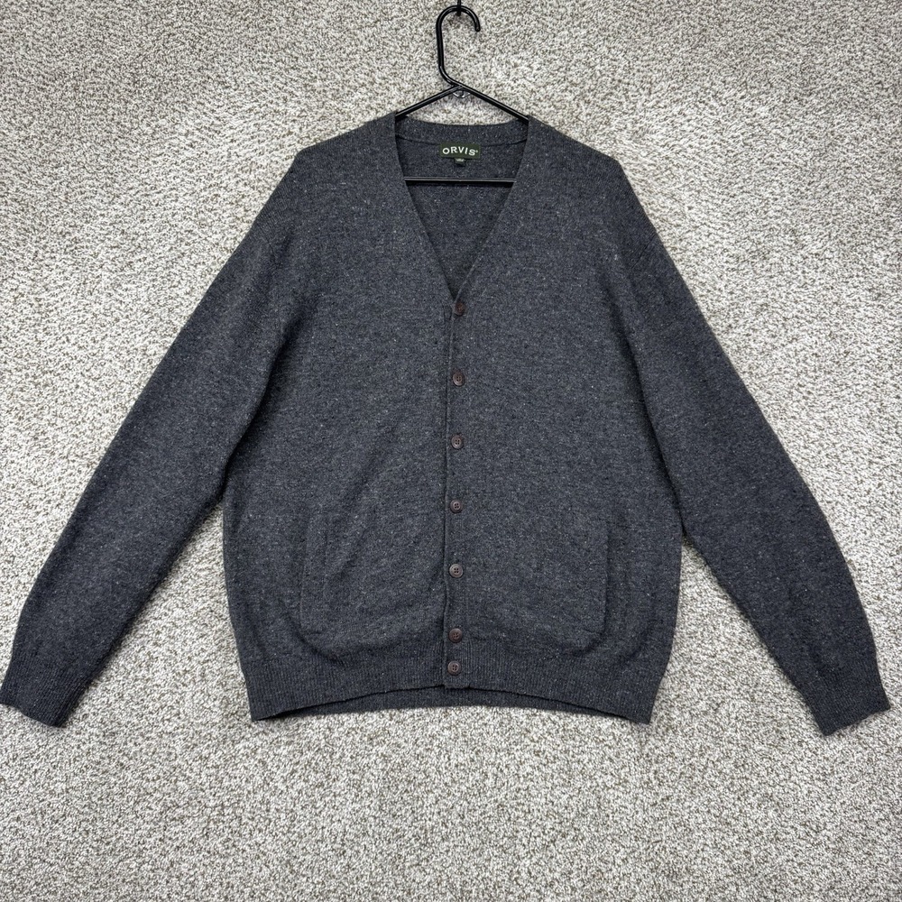 Orvis Cardigan Sweater Men XL Gray V Neck 100% Wool Button Front Flecked Heather